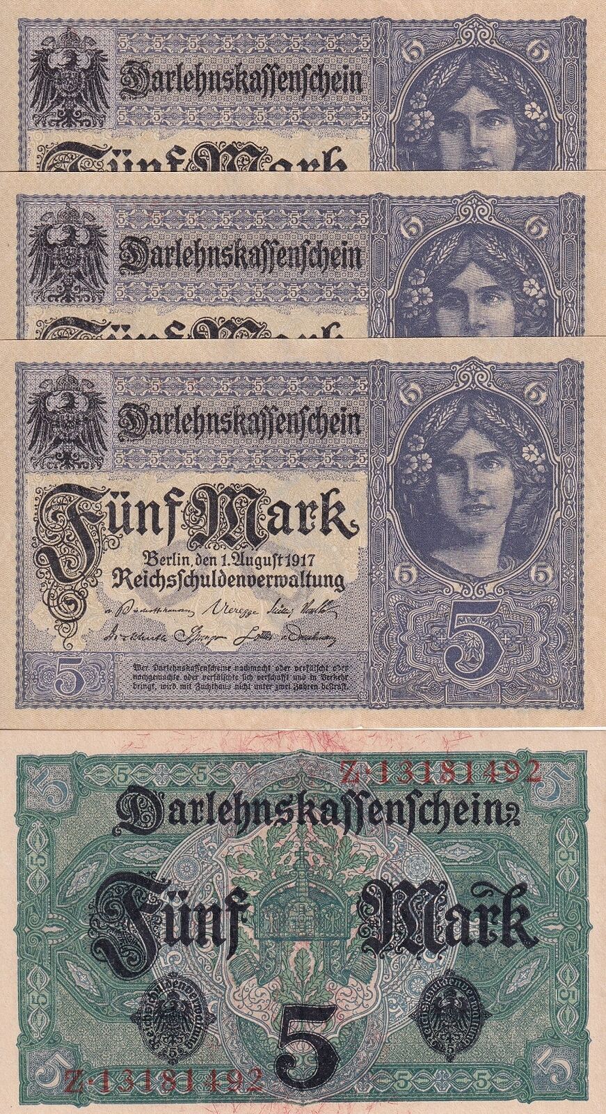 Germany 5 Mark 1917 P 56 a AUnc LOT 3 PCS