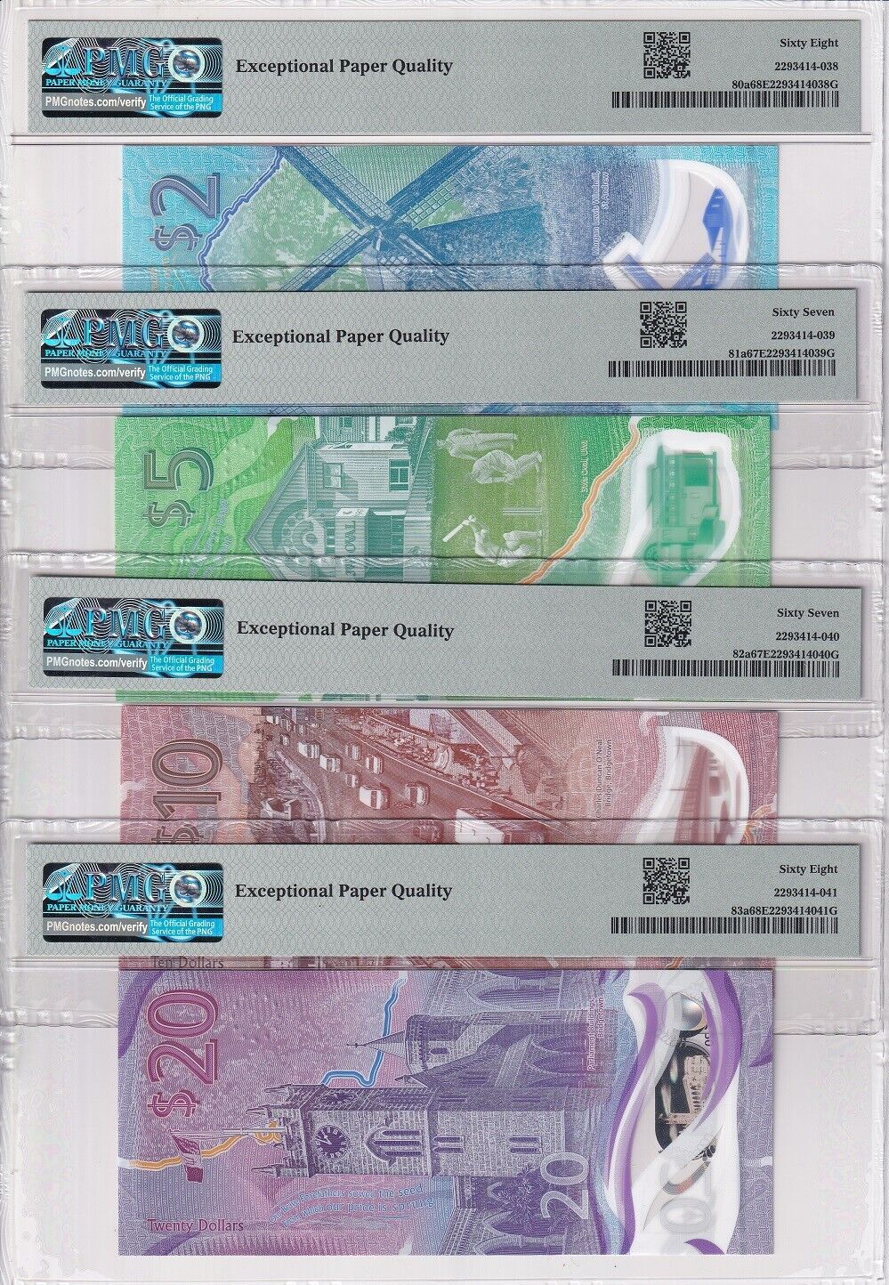 Barbados Set 4; 2 5 10 20 Dollars 2022 P 80-P 83 Superb Gem UNC PMG 67 68 EPQ