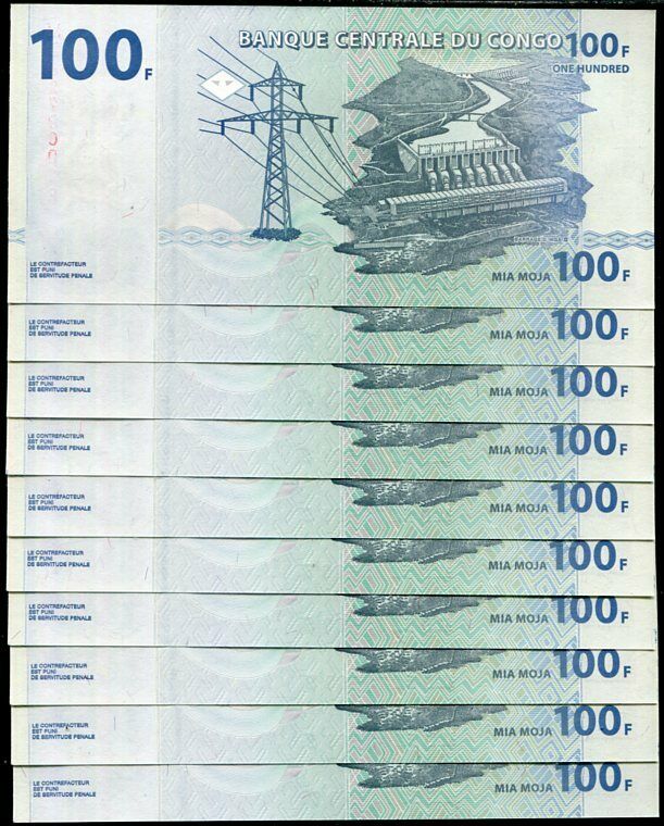 CONGO 100 FRANCS 2013 P 98 UNC LOT 10 PCS