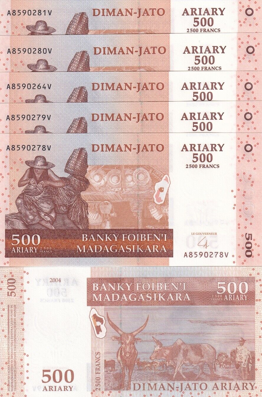 Madagascar 500 Ariary 2004 (2014) P 95 Hybrid UNC LOT 5 PCS