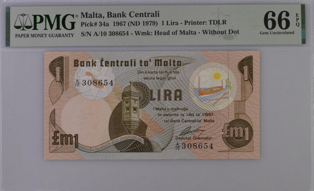 Malta 1 Lira 1967 / 1979 P 34 a Gem UNC PMG 66 EPQ