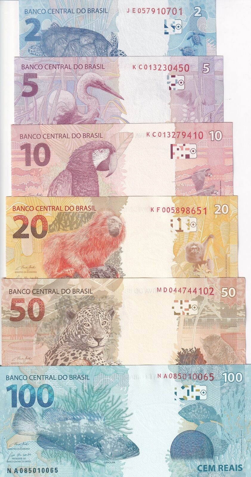 Brazil Set 6 Pcs 2 5 10 20 50 100 Reai 2010-2023 P 252 P 253 254 255 P 257 UNC