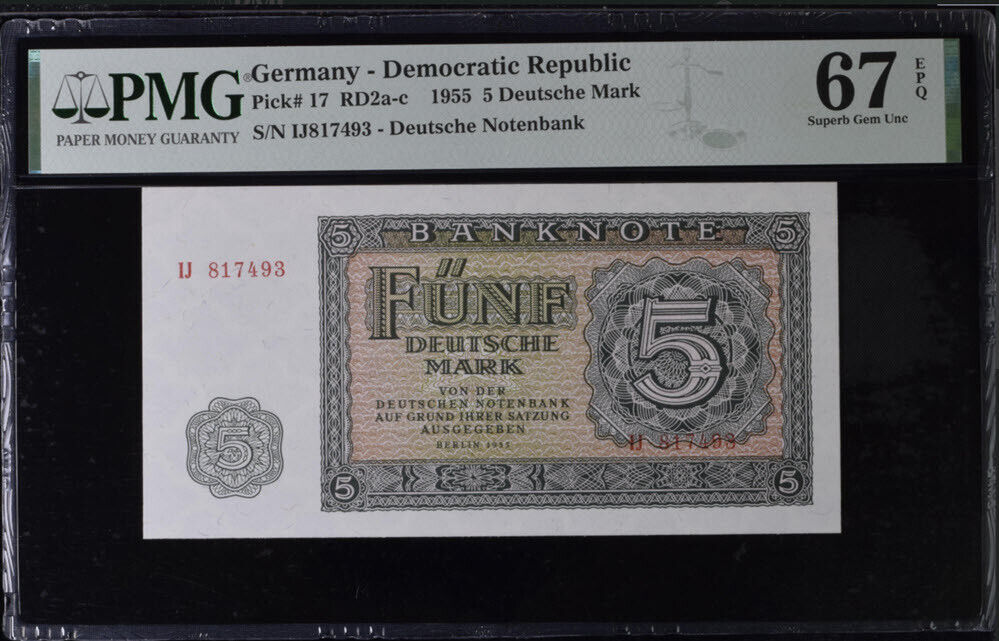 Germany Democratic 5 Deutsche Mark 1955 P 17 Superb Gem UNC PMG 67 EPQ