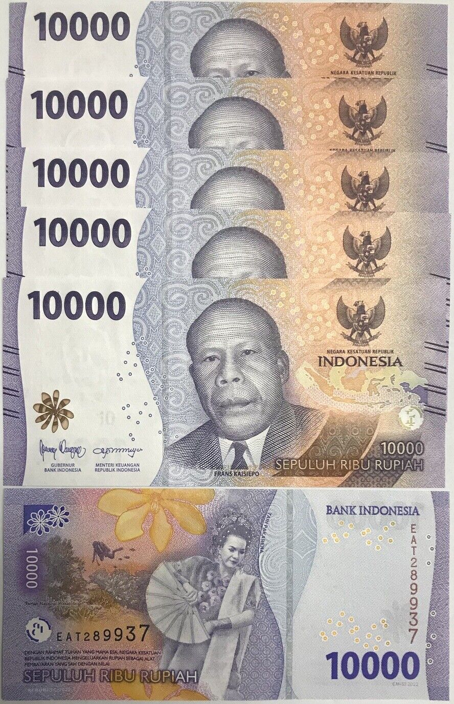 Indonesia 10000 Rupiah 2022 P 165 UNC Lot 5 Pcs