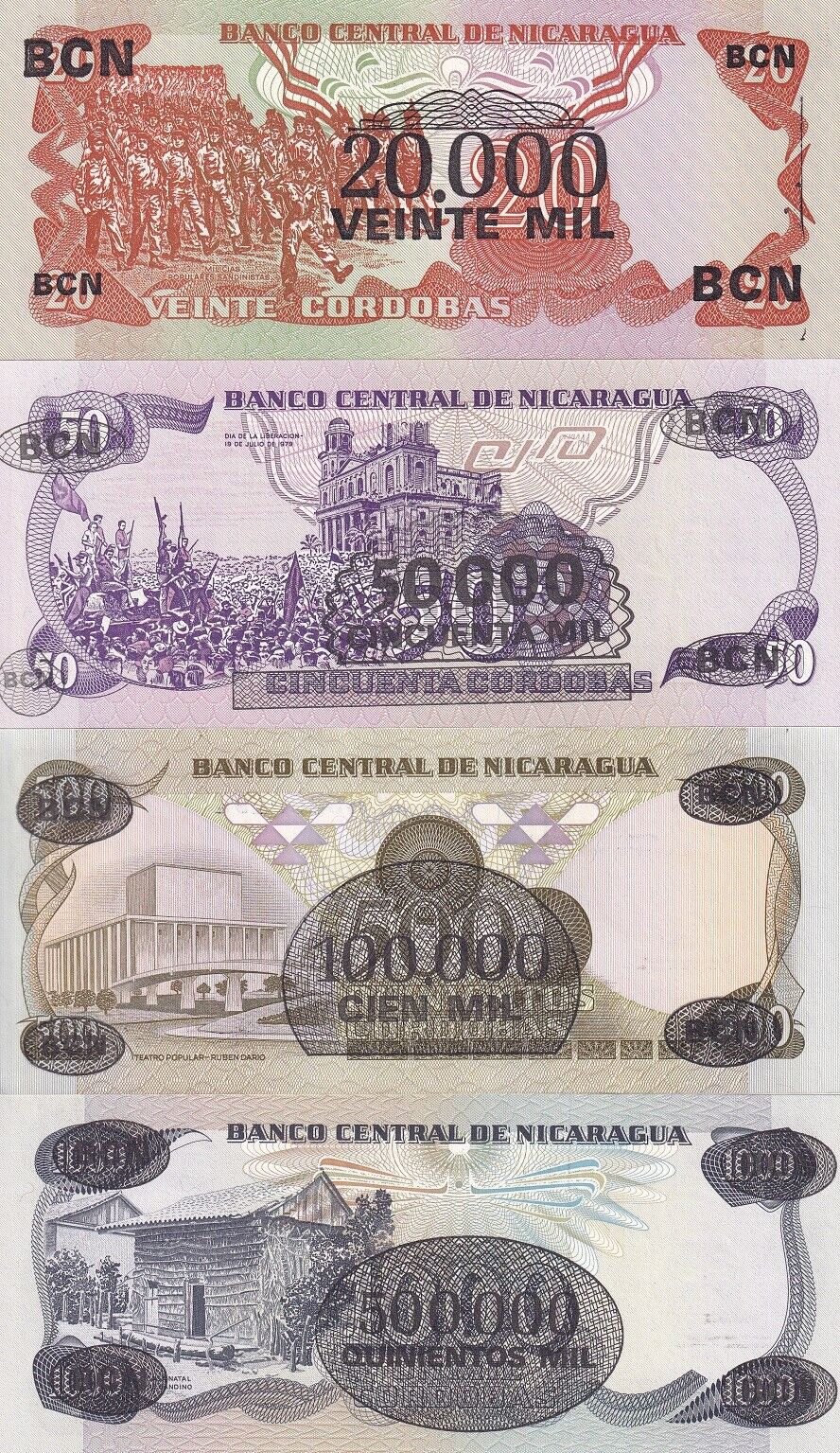 Nicaragua set 4 Pcs 20 50 500 1000 Cordobas 1987 P 147 148 149 150 UNC