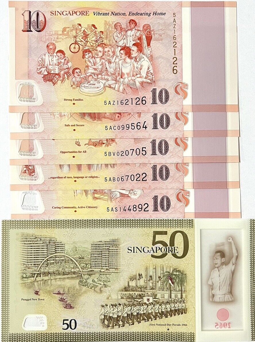 Singapore SET 6 UNC 10 Dollar x 5 PCS 50 dollar 2015 Com. P 56 57 58 56 60 P 61