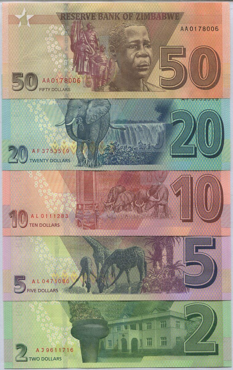 Zimbabwe Set 5 Pcs 2 5 10 20 50 Dollars 2019 2020 2021 P 101 102 103 104 105 UNC