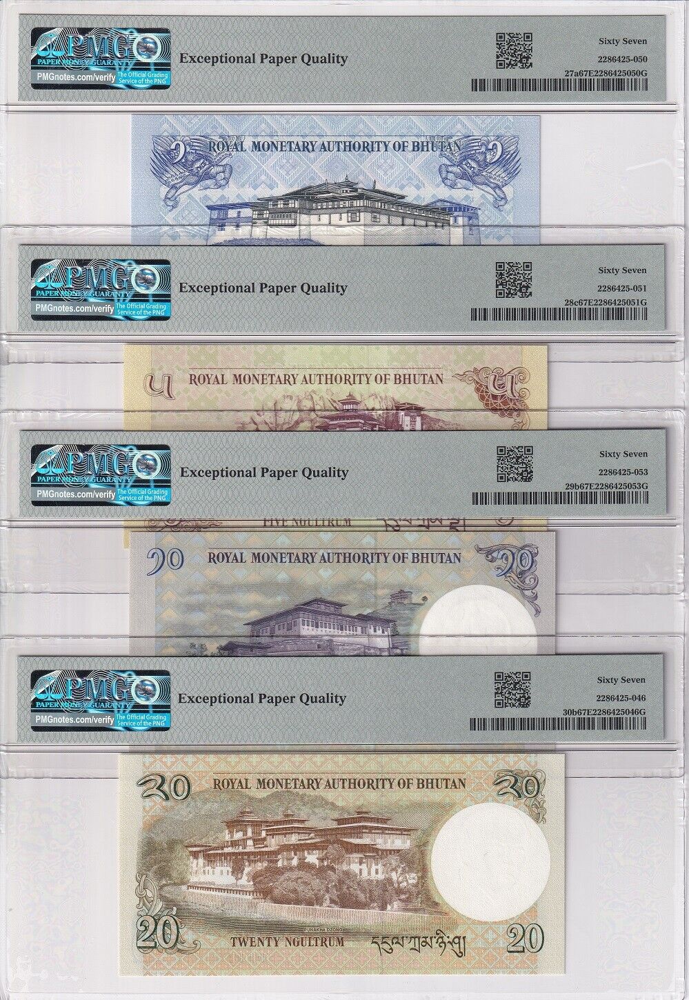 Bhutan Set 8; 1-100 500 1000 Ngultrum 2006-21 P27-P34 Superb Gem UNC PMG 67 EPQ