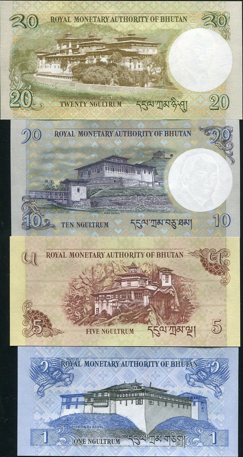BHUTAN SET 4 PCS 1 5 10 20 NGULTRUM RANDOM YEAR P 27 28 29 30 UNC