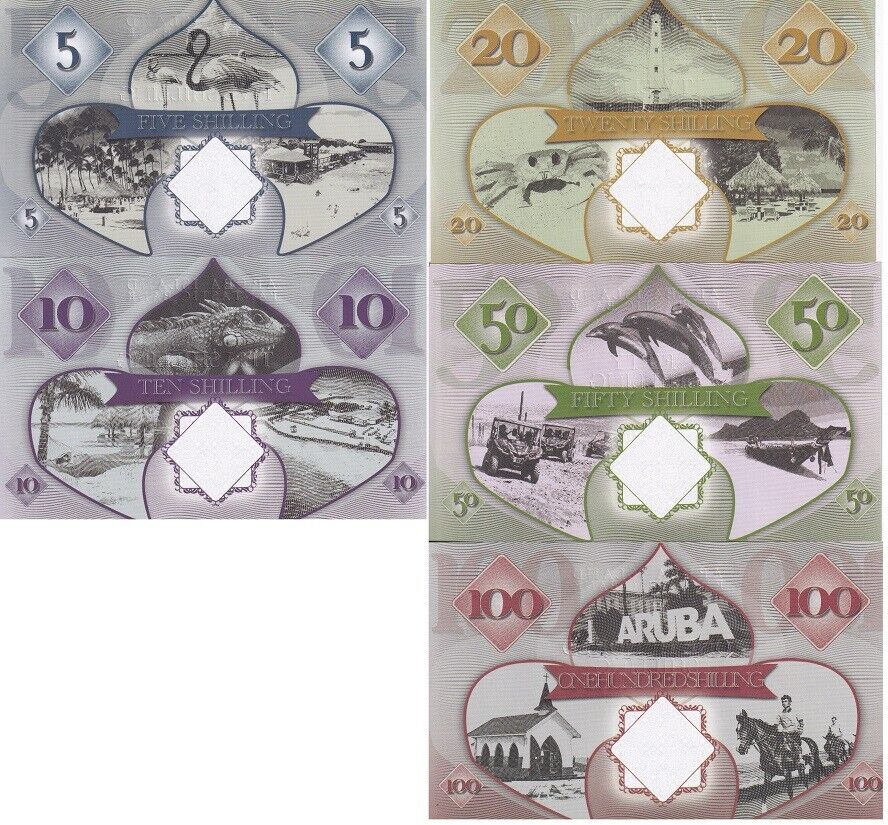 Aruba Islands Set 5 , 5 10 20 50 100 Dollars 2018 QEII Matching number FANTASY