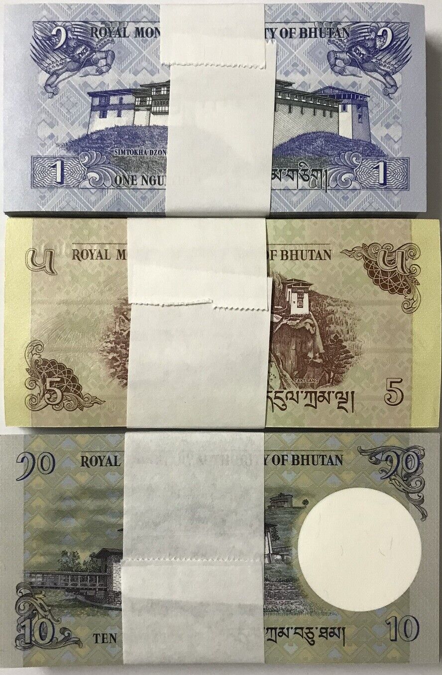 Bhutan Set 3 x 100 UNC 1 5 10 Ngultrum 2013-2019 p 27 28 29 = Lot 3 Bundles