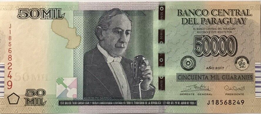 Paraguay 50000 Guarani 2017 P 239 J Prefix Modified Security Thread UNC