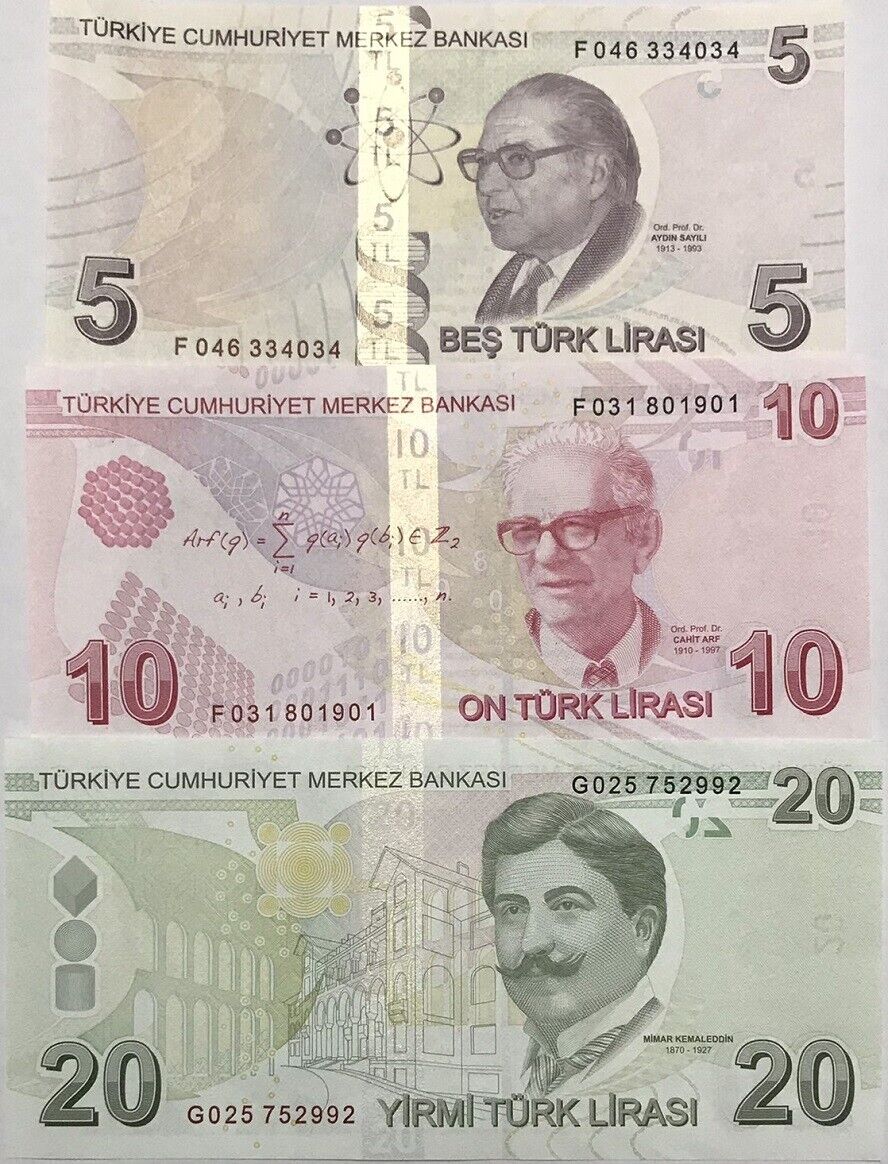 Turkey Set 3 Pcs 5 10 20 Lira 2009/2020-2022 P 222 223 224 New Sign UNC