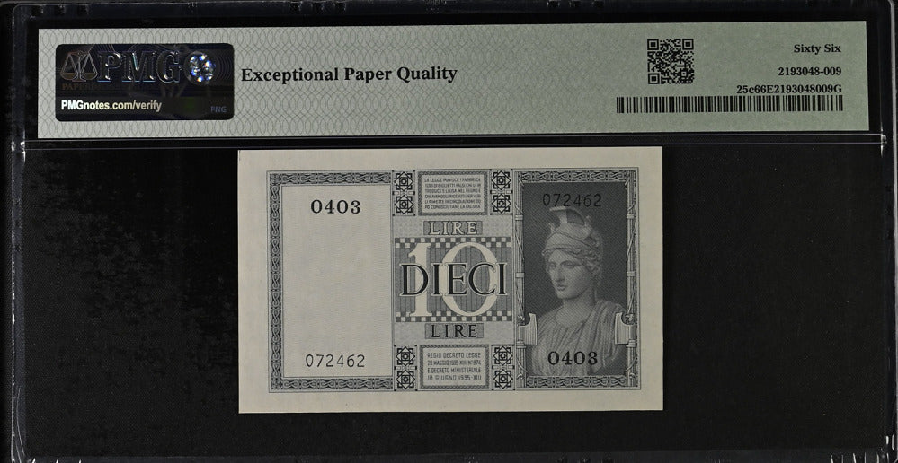 Italy 10 Lire 1939 P 25 c Gem UNC PMG 66 EPQ