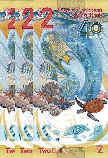 East Caribbean 2 Dollars 2023 40th P 61 Polymer LOT 3 Pcs UNC