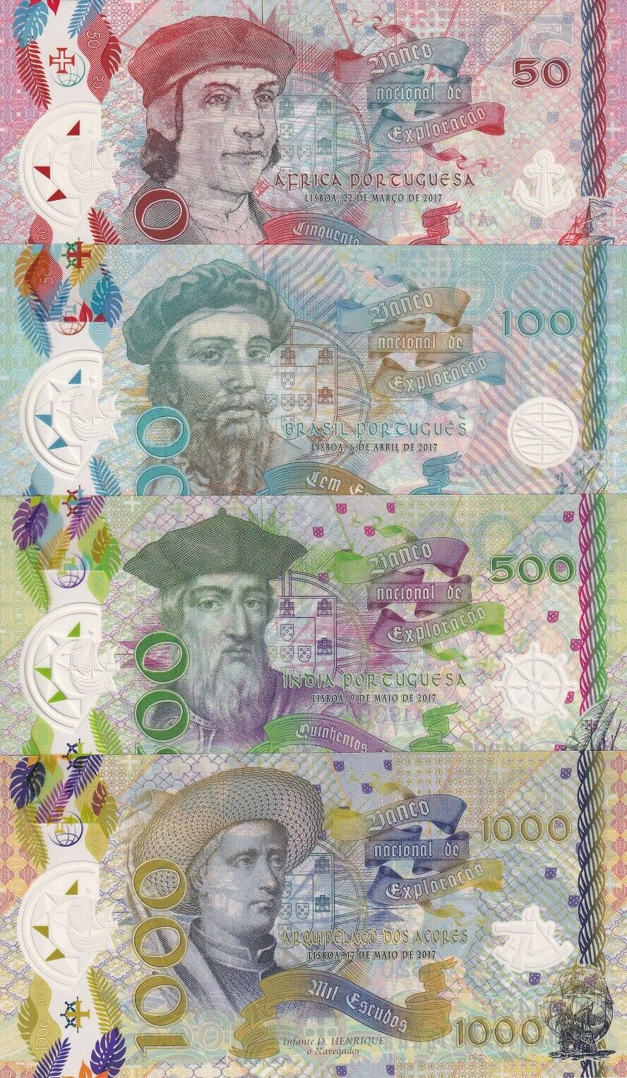 Portuguese Explorers Set 4 PCS 50 100 500 1000 Escudos 2017 Fantasy