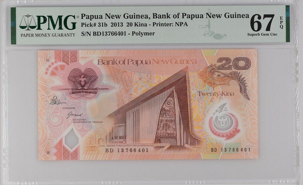 Papua New Guinea 20 Kina 2013 P 31 b Polymer Superb Gem UNC PMG 67 EPQ Top Pop