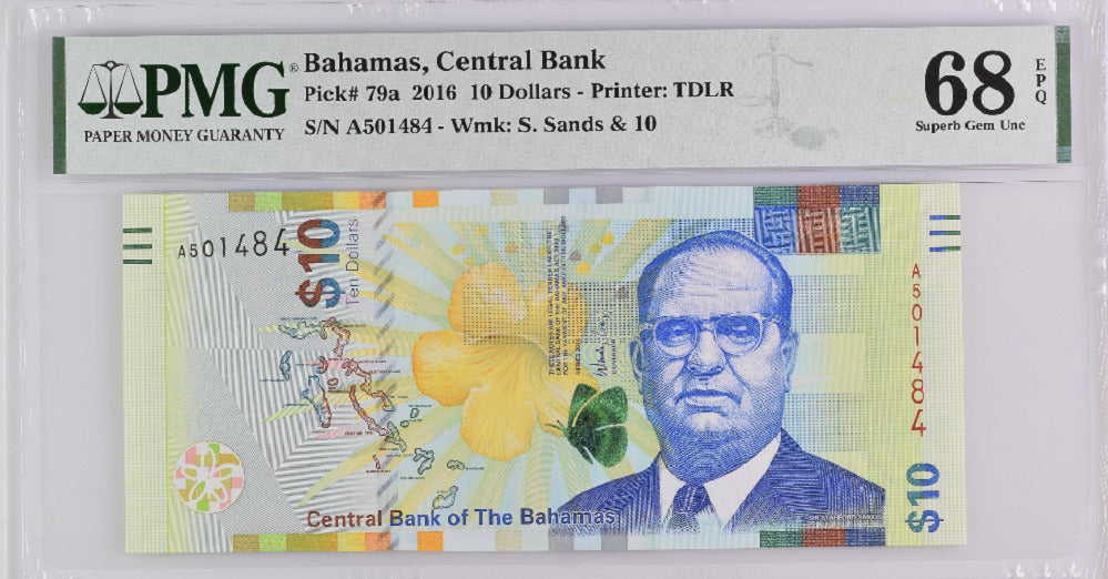 Bahamas 10 Dollars 2016 P 79 a SUPERB GEM UNC PMG 68 EPQ