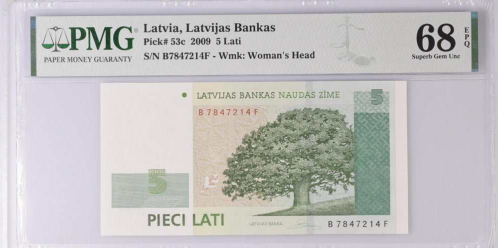 Latvia 5 Lati 2009 P 53 c Superb Gem UNC PMG 68 EPQ