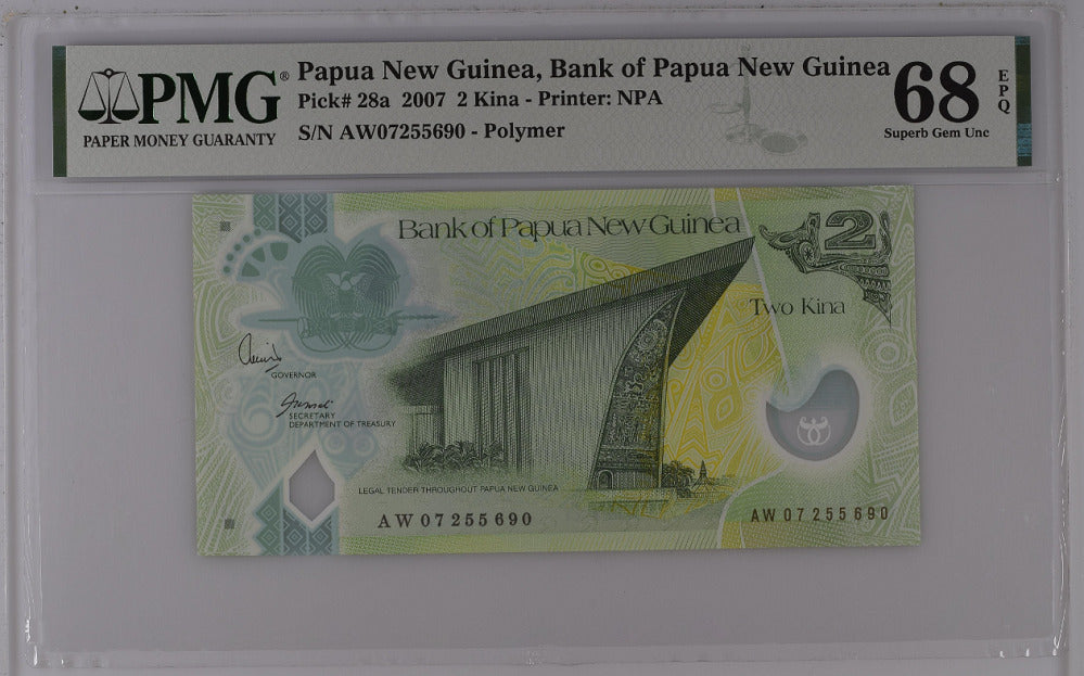 Papua New Guinea 2 Kina 2007 P 28 a Superb Gem UNC PMG 68 EPQ Top Pop