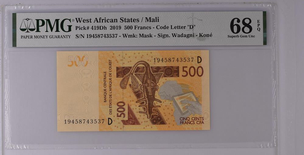 Mali West African States 500 Fr 2019 P 419 Dh Superb Gem UNC PMG 68 EPQ