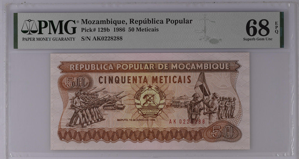 Mozambique 50 Meticais 1986 P 129 b Superb Gem UNC PMG 68 EPQ Top Pop