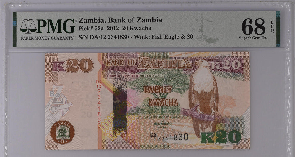 Zambia 20 Kwacha 2012 P 52 a Prefix DA Superb Gem PMG 68 EPQ Top Pop