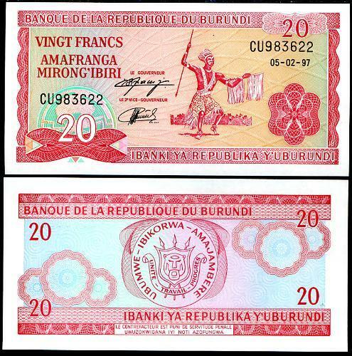 BURUNDI 20 FRANCS 1997 P 27 d UNC