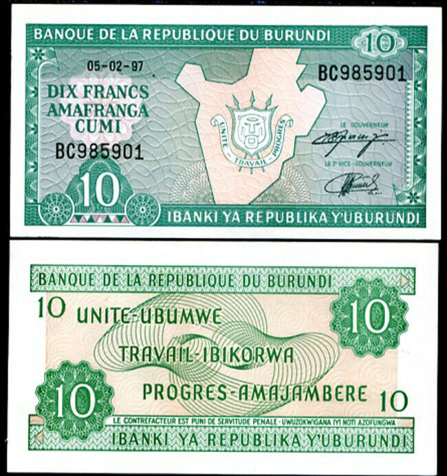 BURUNDI 10 FRANCS 1997 P 33 UNC