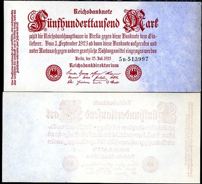 GERMANY 500,000 500000 MARK 1923 P 92 aUNC ABOUT UNC