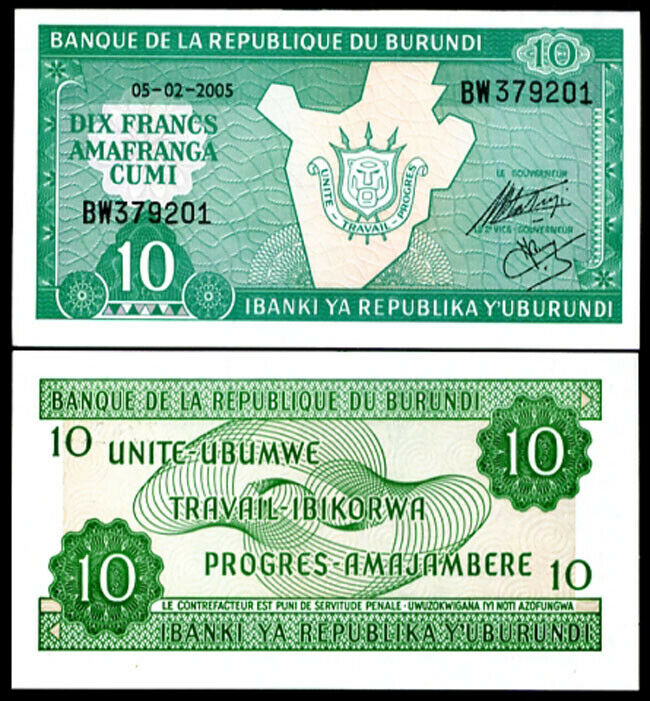 BURUNDI 10 FRANCS 2005 P 33 UNC