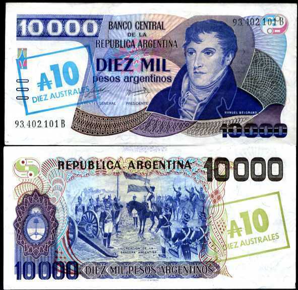 ARGENTINA 10 AUSTRALES ON 10000 PESOS 1985 P 322 AUNC ABOUT UNC