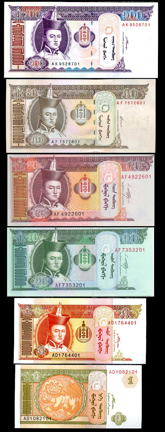 MONGOLIA 10 SETS OF 6 PCS 1 5 10 20 50 100 2000-2009 UNC
