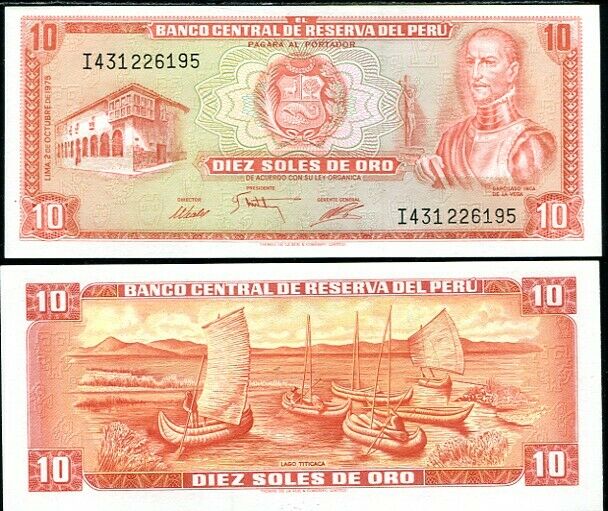 Peru 10 Soles de Oro 1975 P 106 AUnc