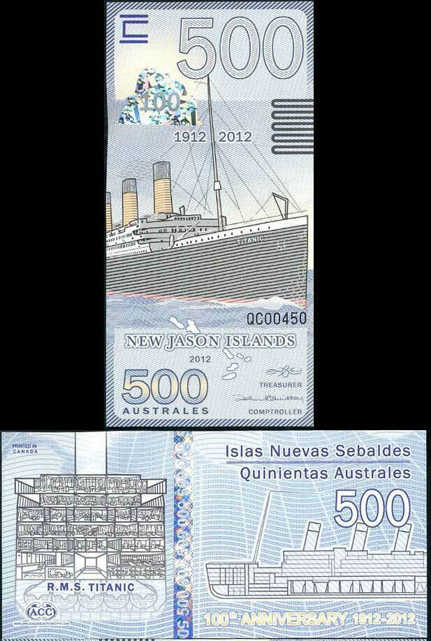 NEW JASON ISLAND 500 AUSTRALES 2012 POLYMER 50 th TITANIC UNC