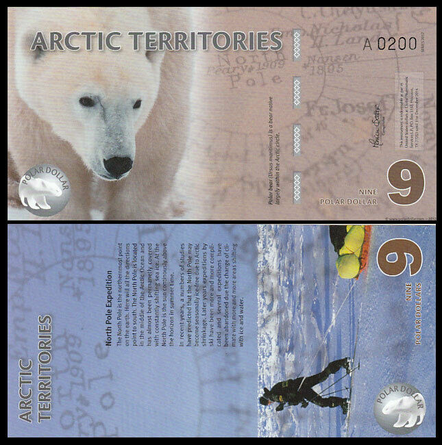 Arctic Territories 9 Dollar 2012 Polymer Polar Bear UNC