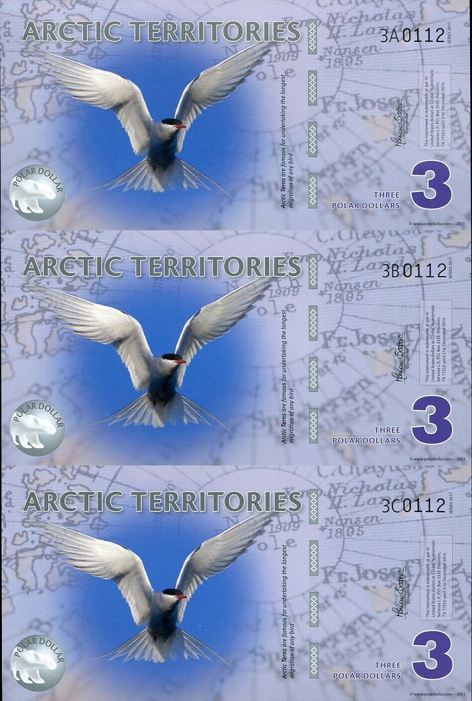 ARCTIC TERRITORIES 3 DOLLARS 2011 SERIES A B C MATCHING SHEET OF 3 UNC