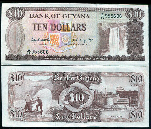 Guyana 10 Dollar 1992 P 23d SIGN Governor & Minister aUNC-