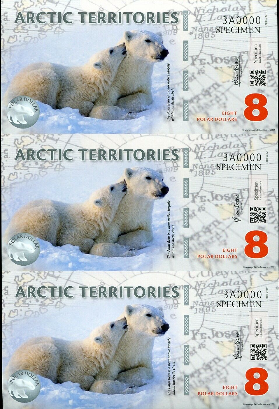 ARCTIC TERRITORIES 8 DOLLARS 2011 BEAR POLYMER UNCUT SPECIMEN SHEET UNC
