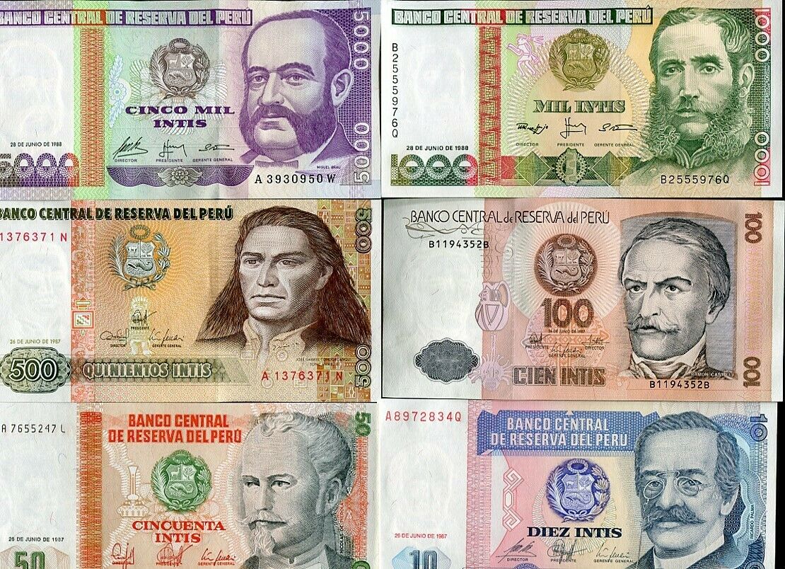 Peru Set 6 UNC 10 50 100 500 1000 5000 INTIS P 129 131 133 134 136 137