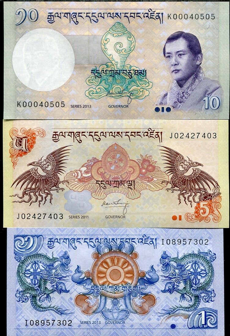 BHUTAN SET 3 PCS 1 5 10 NGULTRUM RANDOM YEAR P 27 28 29 UNC