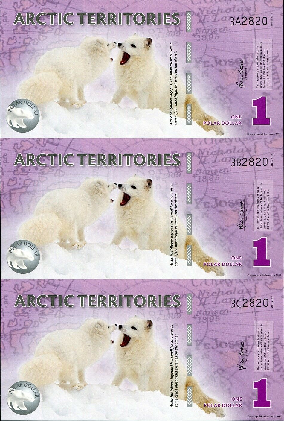 ARCTIC TERRITORIES 1 DOLLARS 2012 SERIES A B C MATCHING SHEET 3 UNC