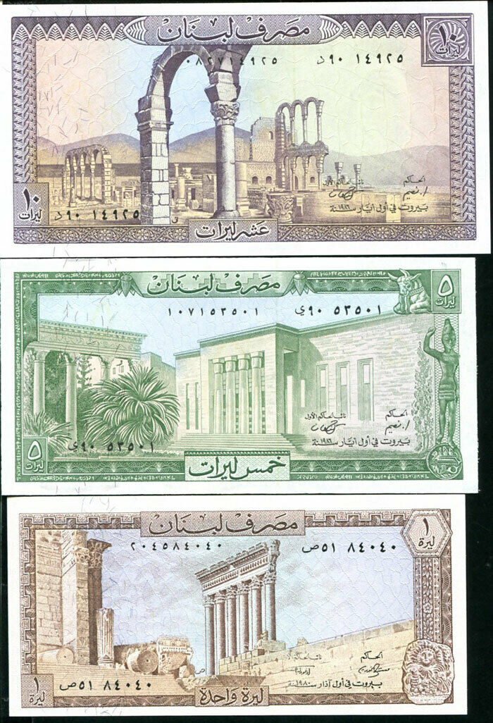 Lebanon Set 3 Pcs 1 5 10 Livres 1980 1986 P 61 62 63 UNC