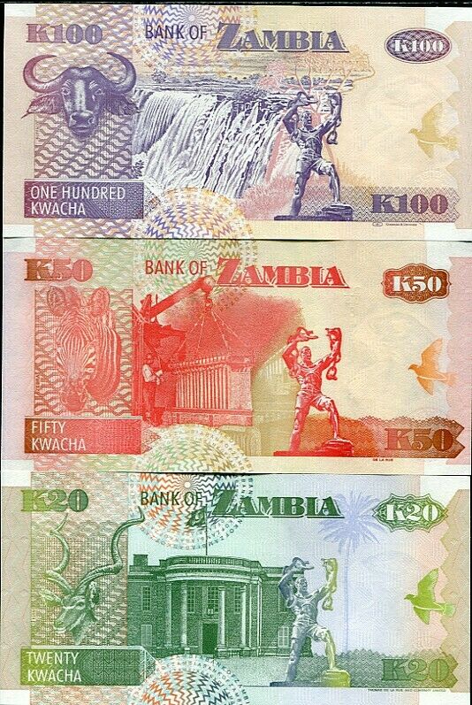 ZAMBIA SET 3 PCS 20 50 100 KWACHA 1992 - 2009 P 36 37 38 UNC