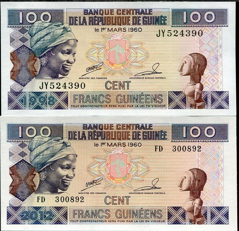 GUINEA SET 2 PCS OF 100 FRANCS 1998 2012 P 35 a b UNC