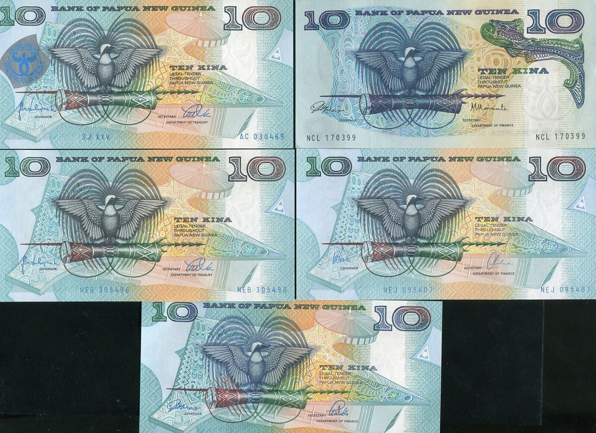 PAPUA NEW GUINEA SET 5 PCS of 10 KINA P 7 P 9 b d e 17 ND 1988 UNC