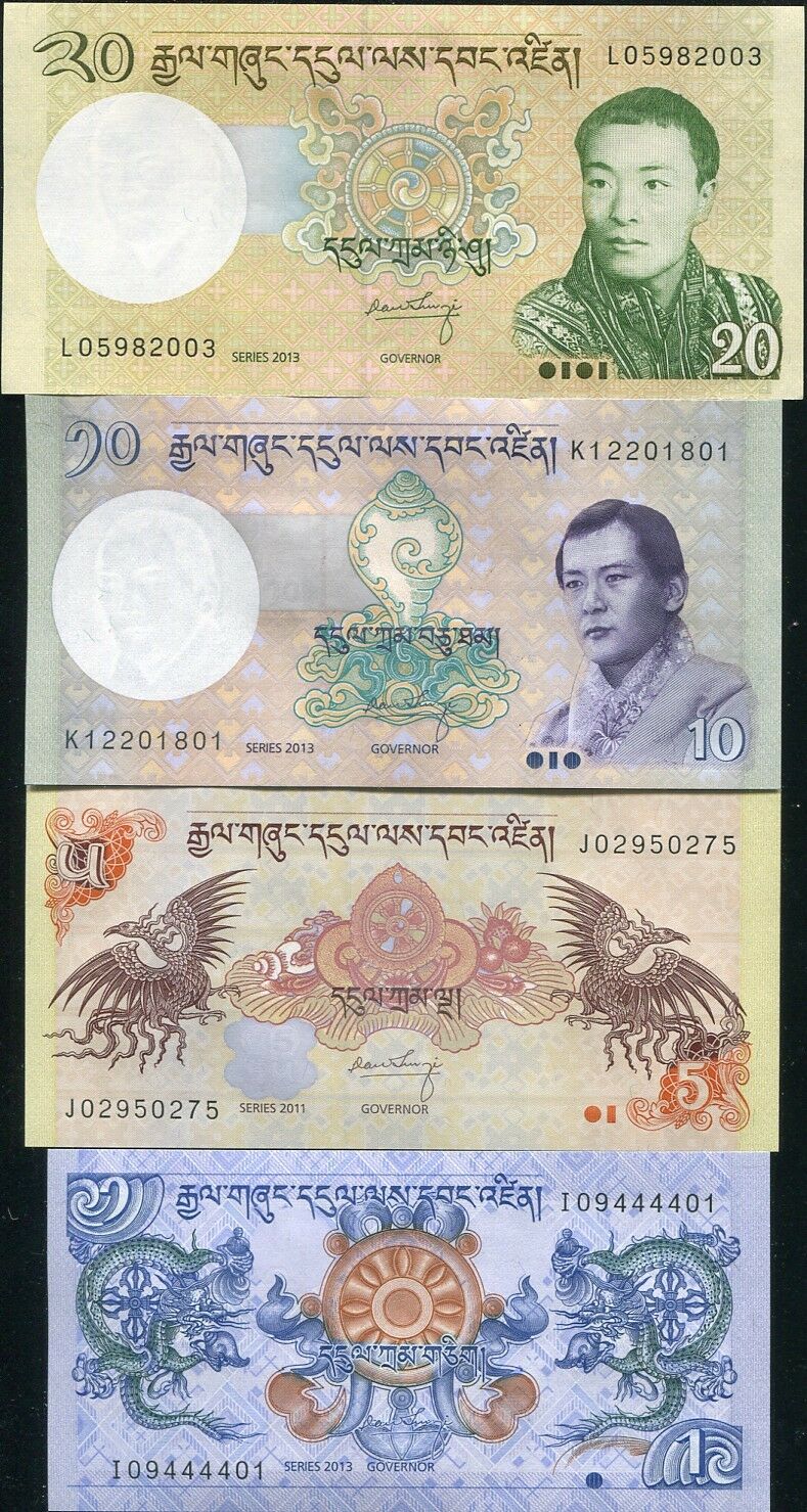 BHUTAN SET 4 PCS 1 5 10 20 NGULTRUM RANDOM YEAR P 27 28 29 30 UNC