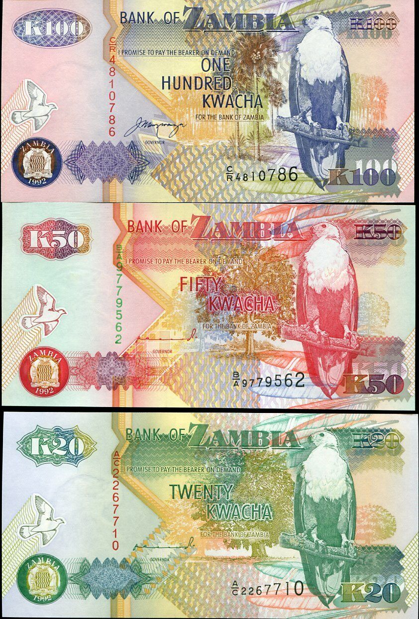 Zambia Set 3 Pcs 20 50 100 Kwacha 1992 P 36 37 38 UNC