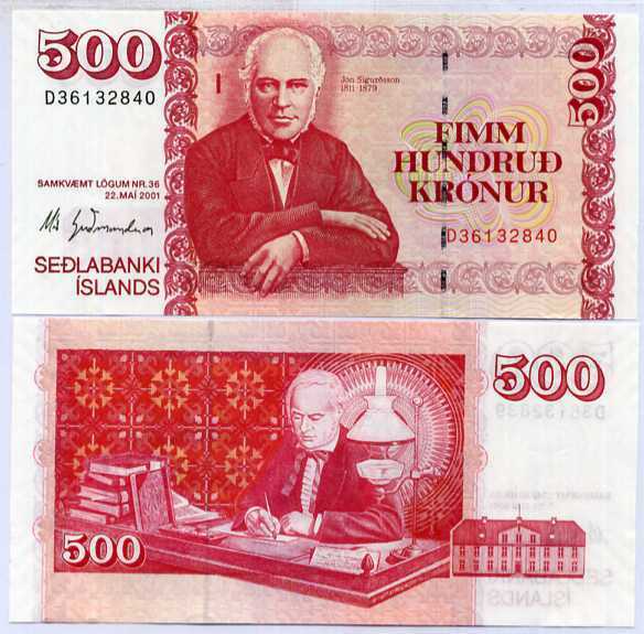 ICELAND 500 KRONUR 2001 (2013) P 58 ONE SIGN GUOMUNDSSON UNC