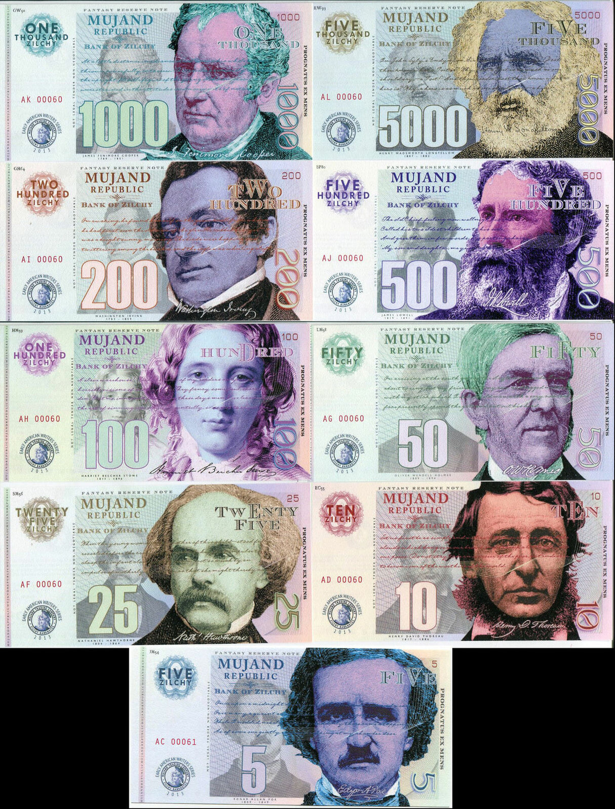 Mujand Replubic Set 9 Pcs 5 10 25 50 100 200 500 1000 5000 Zilchy 2013 UNC